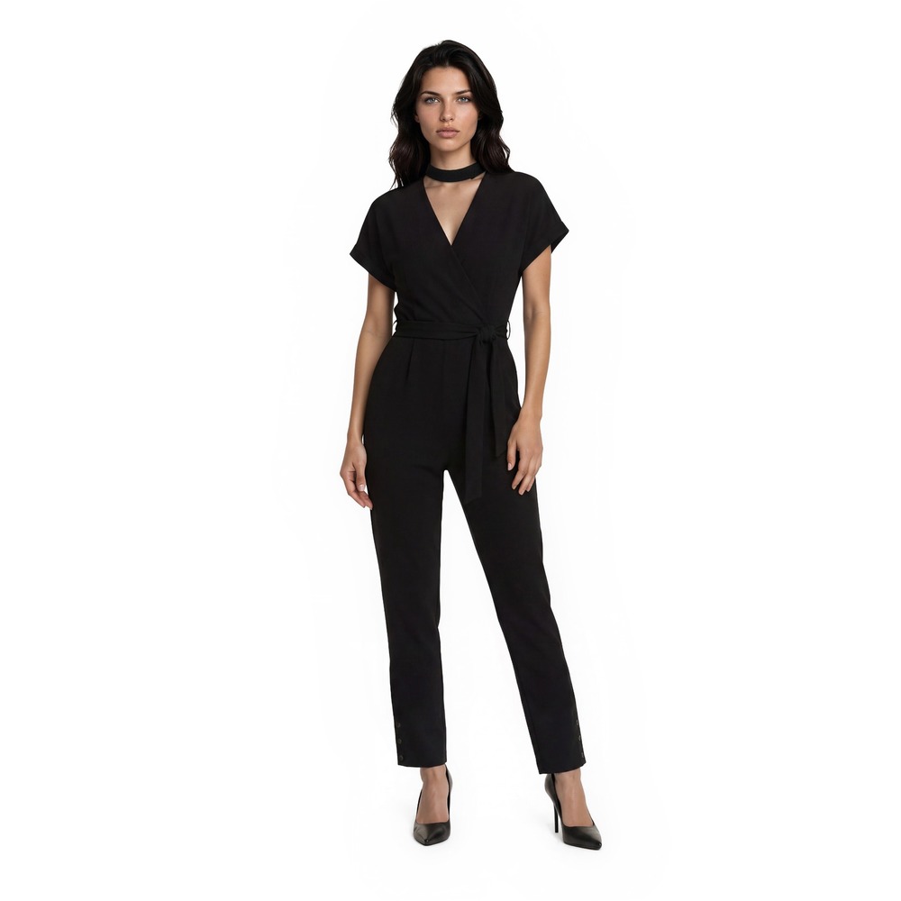 Zara Wrap Jumpsuit Womens Size XS Black Choker Neck Gold Button Tapered Cocktail